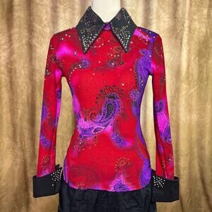 60s Red & Purple Paisley Long-Sleeve Blouse with Studded Collar